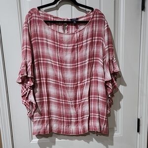 Plaid Ruffle Sleeve Top - Red and White